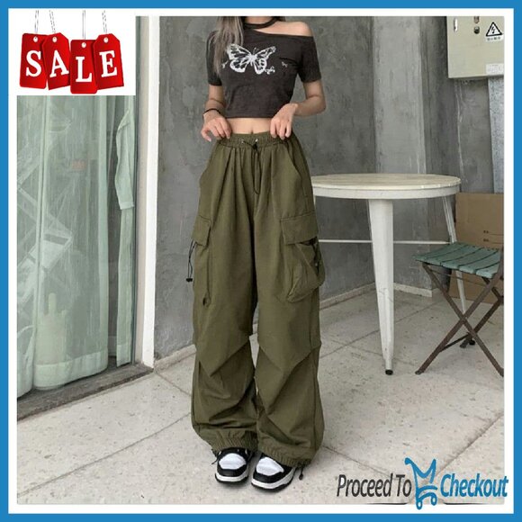 Women's Baggy Cargo Pants High Waist Multi Pocket Straight Leg Vintage - Picture 8 of 8